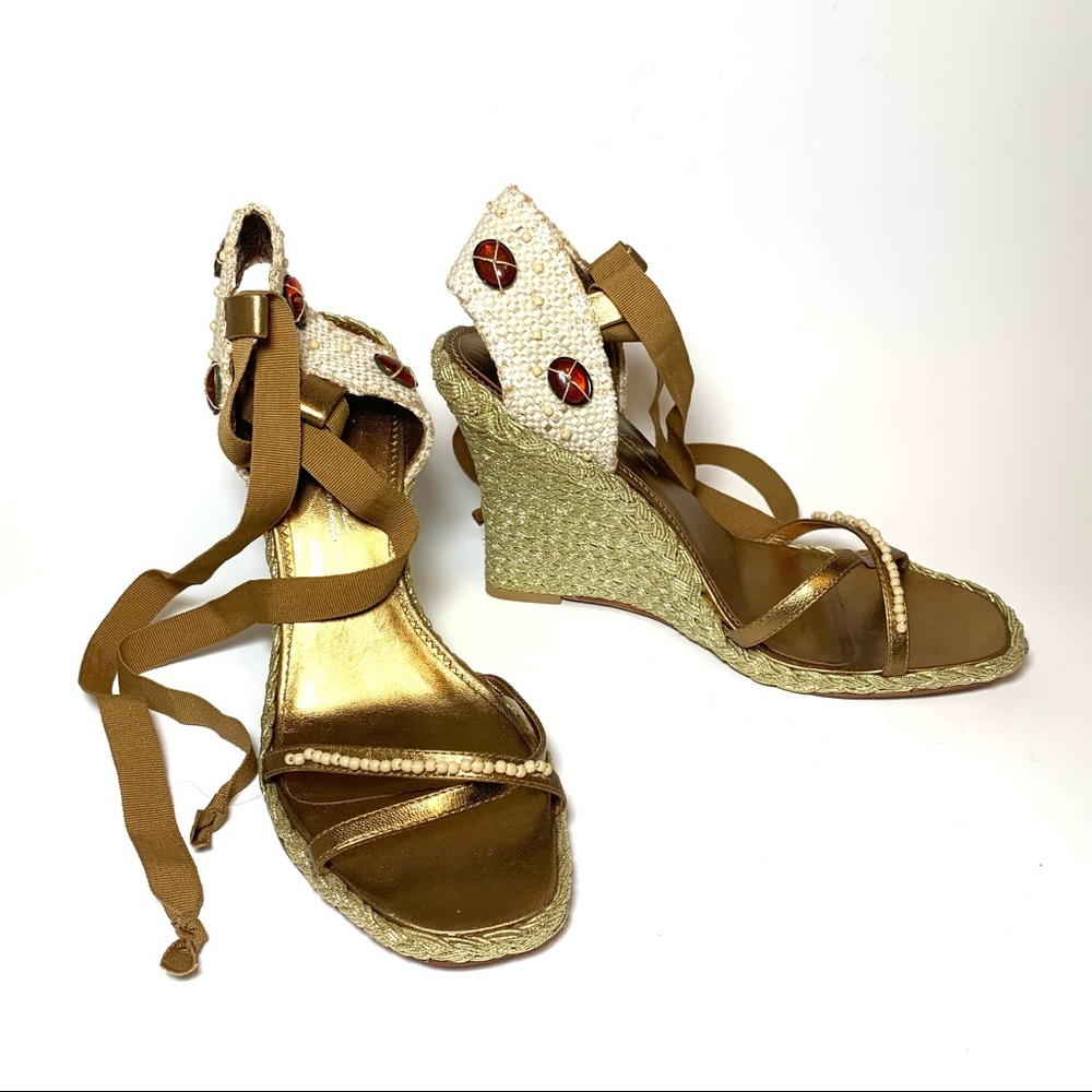 Imagine by Vince Camuto High Wedge Espadrille Lace-Up Sandals Beaded Boho Y2K